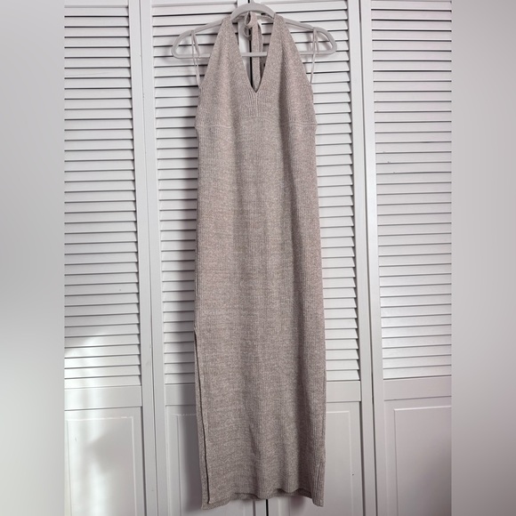 All Saints Lexi Halter-neck Ribbed Knit Dress Beige Metallic Bodycon Large NWOT - Picture 3 of 14